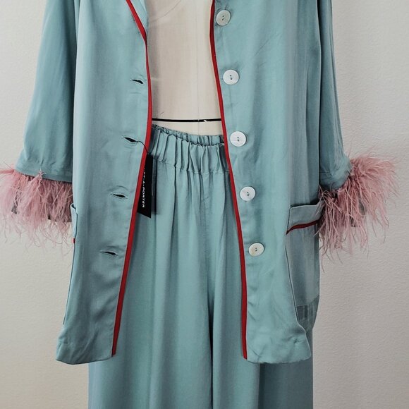 Sleeper Net A Porter Feather Trim Pajama Set In Blue Sz XS New With Tags - Picture 7 of 13
